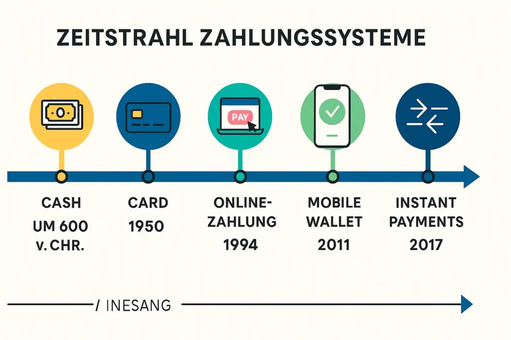 Diagramm – Zeitstrahl mit Markierung der Einführung von Bargeld, Karten, Onlinezahlung, Mobile Wallets und Instant Payments