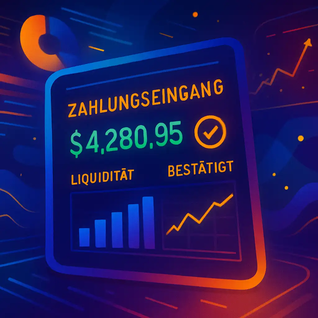 Darstellung eines Zahlungseingangsdashboards mit sofortiger Bestätigung und Liquiditätsübersicht