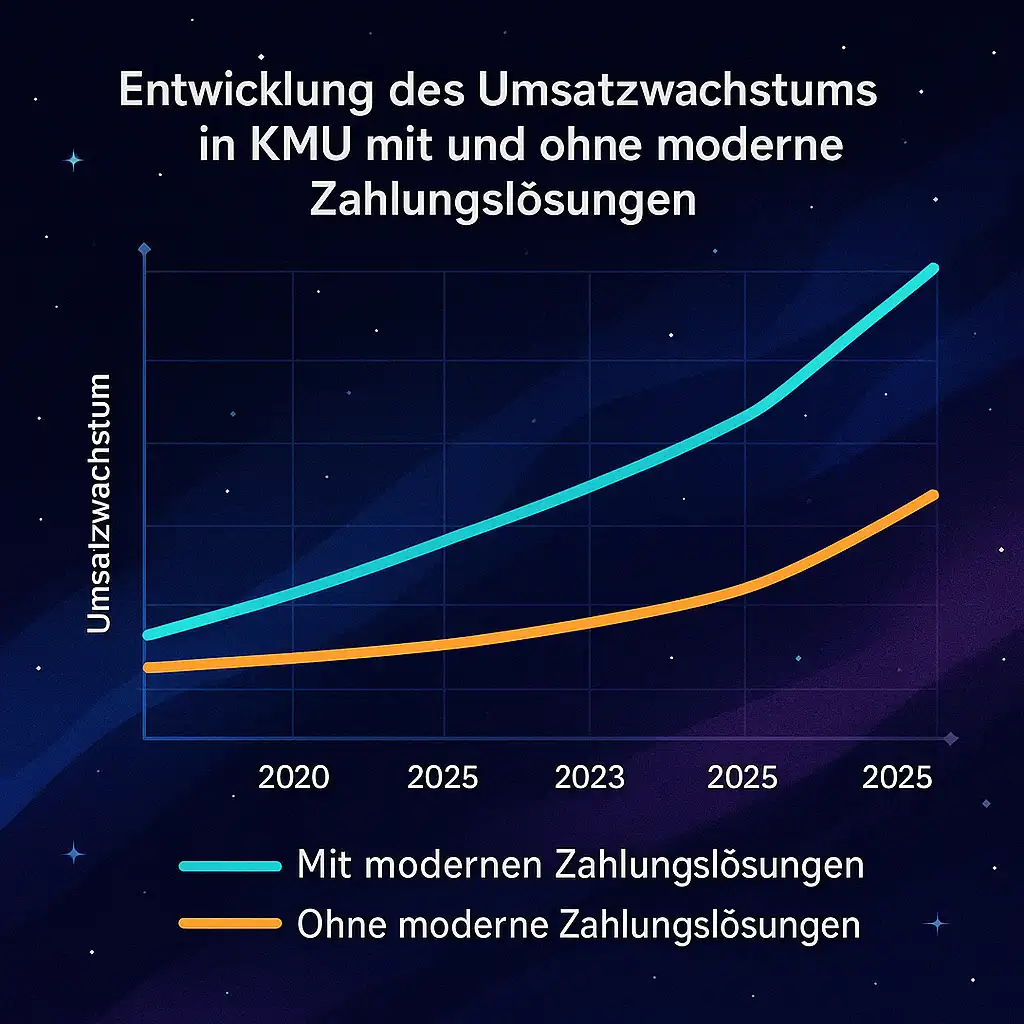 Diagramm – Entwicklung des Umsatzwachstums in KMU mit und ohne moderne Zahlungslösungen (2020–2025)