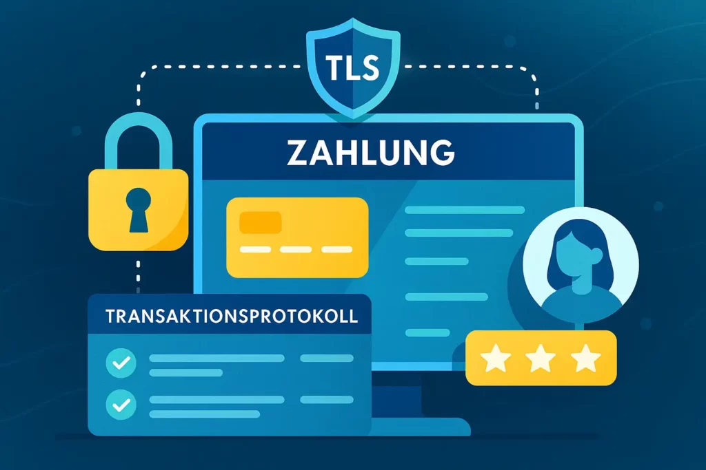 Visualisierung eines sicheren Zahlungsprozesses mit TLS-Verschlüsselung, Transaktionsprotokollen und Kundenfeedback