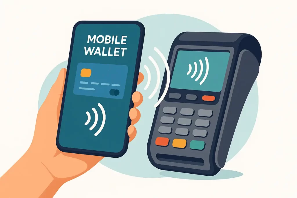 Darstellung eines mobilen Wallets im Einsatz – kontaktlose Zahlung mit Smartphone am Terminal