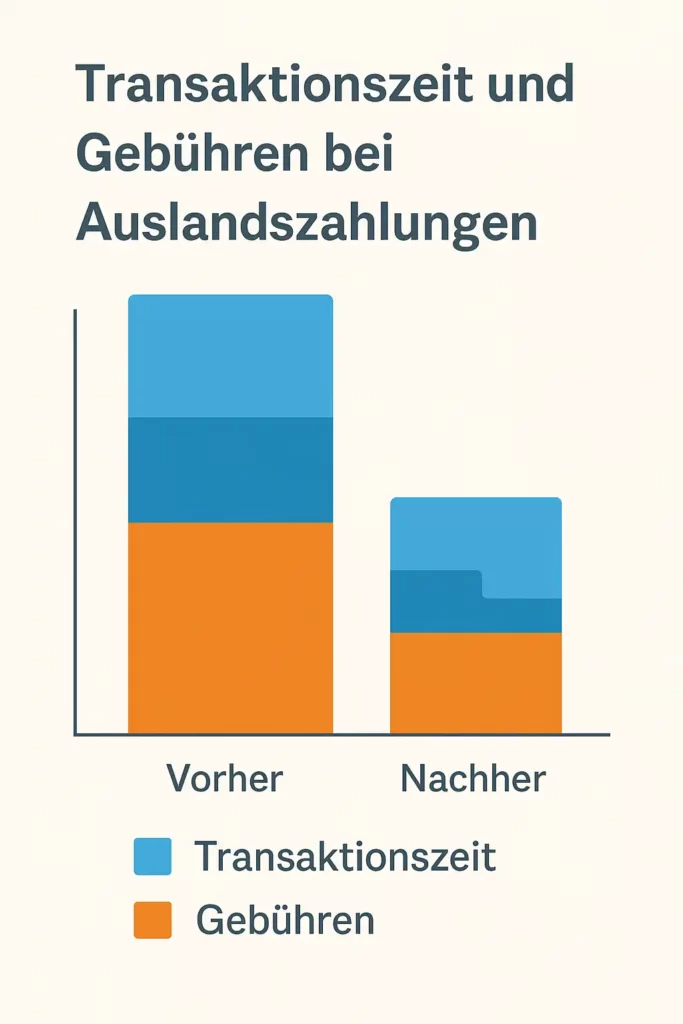 Diagramm – Vorher-Nachher-Vergleich der Transaktionszeit und Gebühren bei internationalem Zahlungsverkehr
